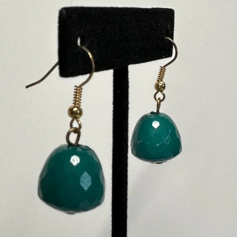 Teal Faceted Acrylic Bead Drop Earrings Gold‎ Tone Dangle Lightweight